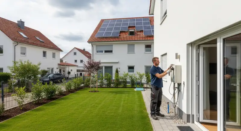 Installateur prüft eine Wärmepumpen-Außeneinheit an einem Einfamilienhaus in Amberg