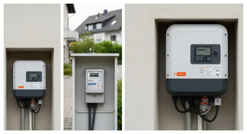 Modern German electrical meter cabinet (Zählerschrank) with smart meter and solar inverter connection, clean technical installation