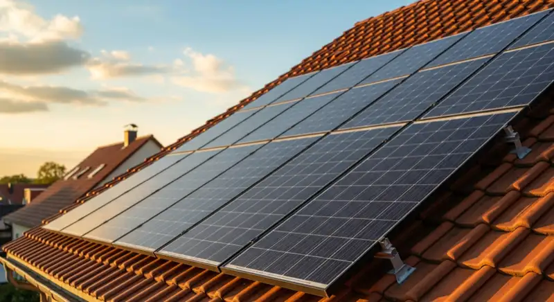 Close-up of photovoltaic solar panels installed on a traditional German Satteldach (gabled roof), blue sky with some clouds