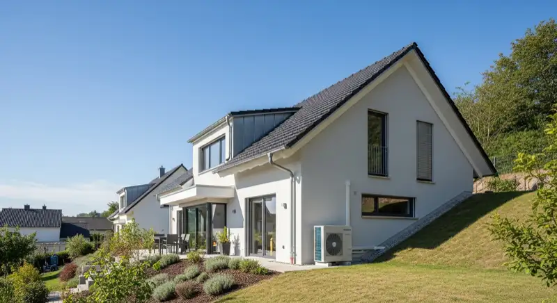 Einfamilienhaus am Hang in Attendorn mit Wärmepumpen-Außengerät und freiem Luftstrom