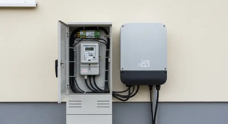 Modern German electrical meter cabinet (Zählerschrank) with smart meter and solar inverter connection, clean technical installation