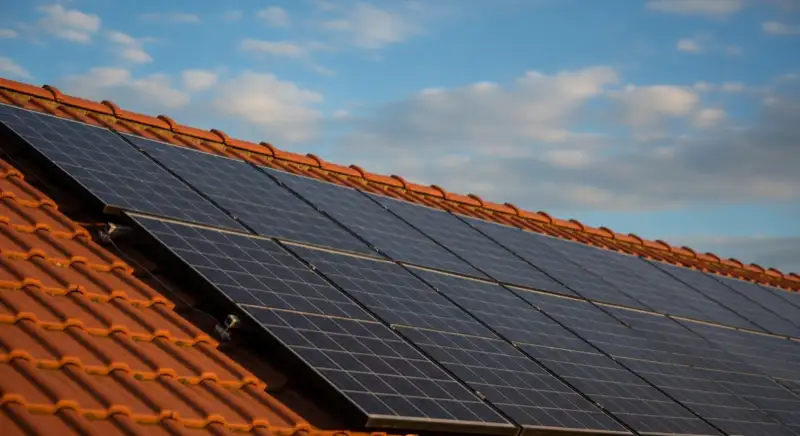 Close-up of photovoltaic solar panels installed on a traditional German Satteldach (gabled roof), blue sky with some clouds