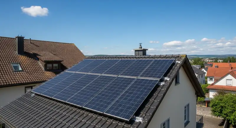Close-up of photovoltaic solar panels installed on a traditional German Satteldach (gabled roof), blue sky with some clouds