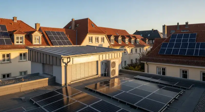 Fachwerkfassade in Attendorn mit moderner Wärmepumpen-Außeneinheit im Innenhof