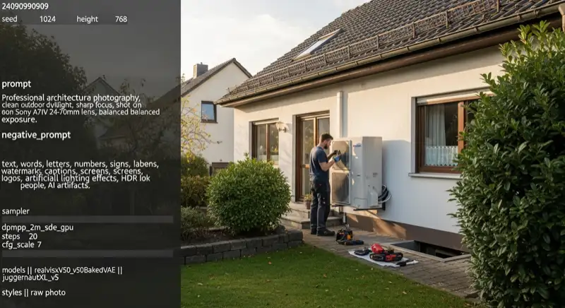 Installateur wartet die Außeneinheit einer Wärmepumpe an einem Einfamilienhaus in Attendorn