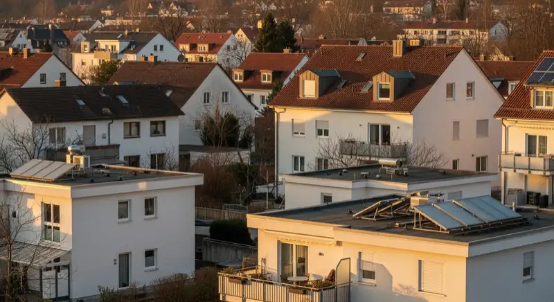 Wohngebiete in Augsburg mit verschiedenen Bauformen, typische Einfamilienhäuser und Dachstrukturen aus der Luft