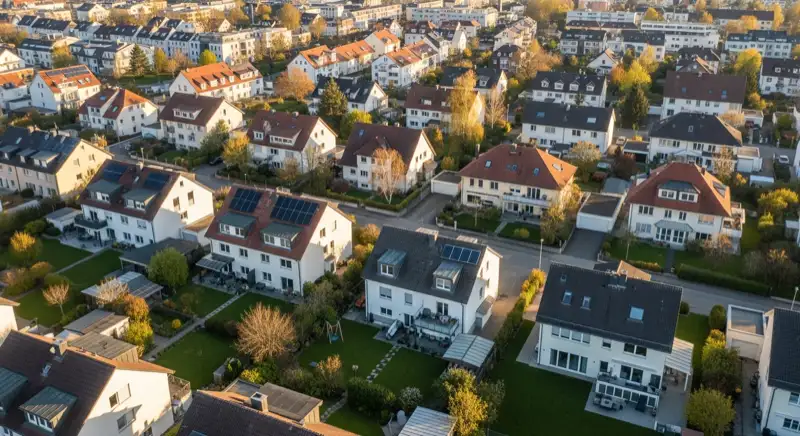 Wohngebiete in Augsburg mit verschiedenen Bauformen, typische Einfamilienhäuser und Dachstrukturen aus der Luft
