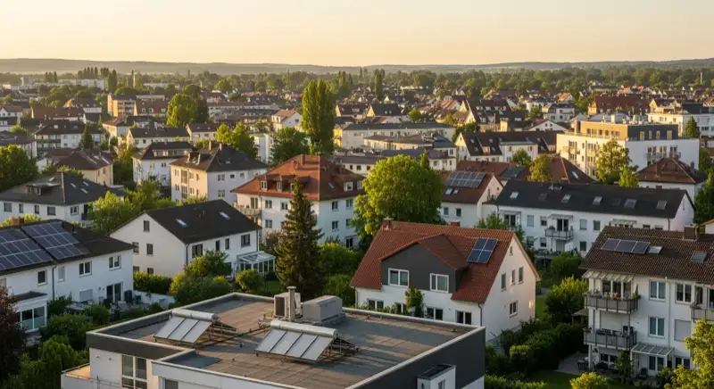 Wohngebiete in Augsburg mit verschiedenen Bauformen, typische Einfamilienhäuser und Dachstrukturen aus der Luft