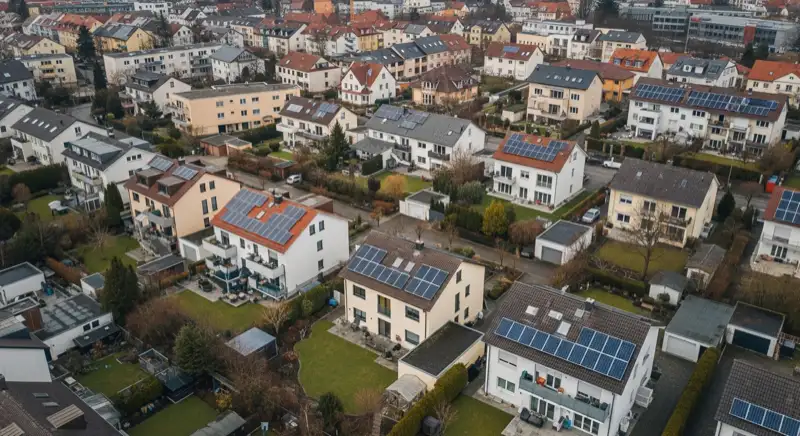 Wohngebiete in Augsburg mit verschiedenen Bauformen, typische Einfamilienhäuser und Dachstrukturen aus der Luft