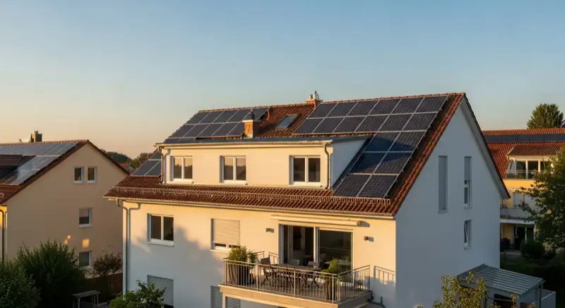 Einfamilienhaus in Augsburg mit PV-Anlage auf dem Dach und Wärmepumpe im Garten