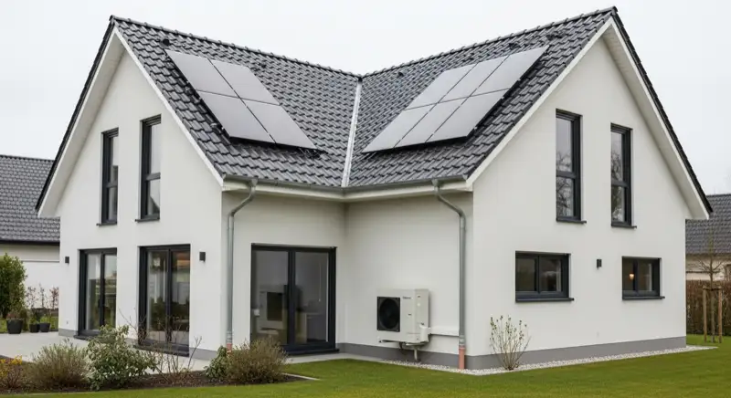 Modern German electrical meter cabinet (Zählerschrank) with smart meter and solar inverter connection, clean technical installation