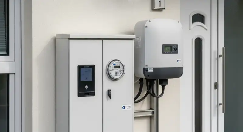 Modern German electrical meter cabinet (Zählerschrank) with smart meter and solar inverter connection, clean technical installation