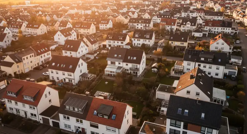 Aerial drone view of typical German residential neighborhood with mixed roof types, red and dark roof tiles, gardens visible, sunny day