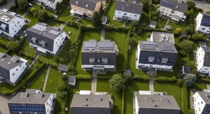 Aerial drone view of typical German residential neighborhood with mixed roof types, red and dark roof tiles, gardens visible, sunny day