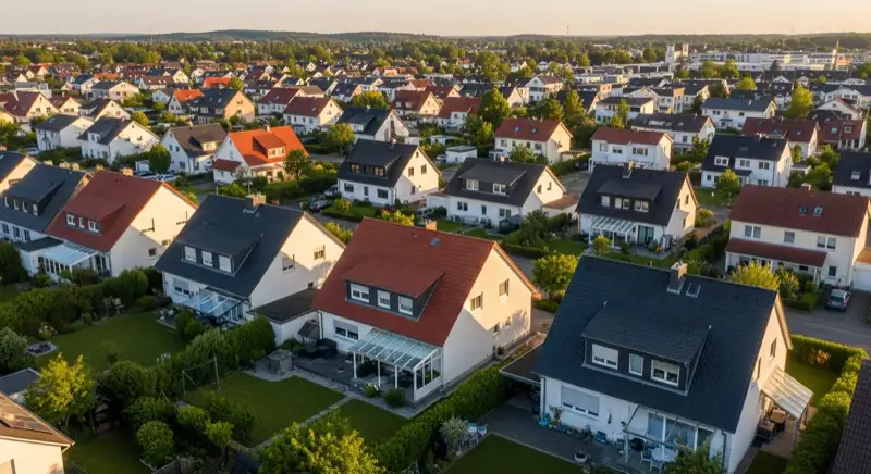 Aerial drone view of typical German residential neighborhood with mixed roof types, red and dark roof tiles, gardens visible, sunny day