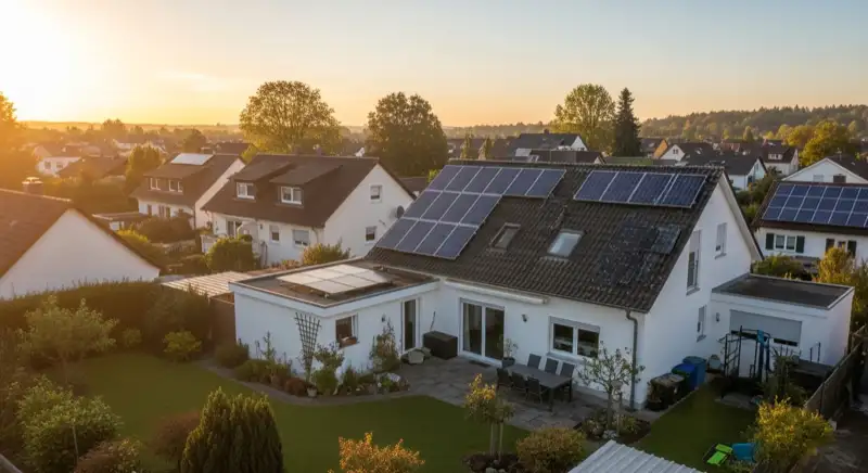 German detached house (Einfamilienhaus) with photovoltaic panels on pitched roof, well-maintained garden, warm afternoon sunlight