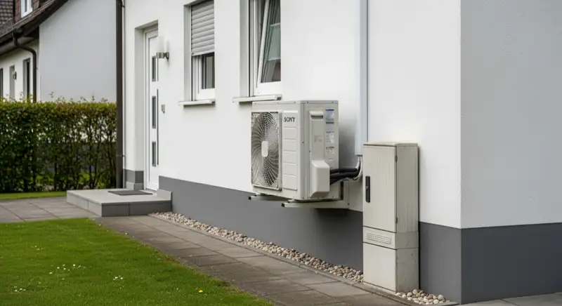 White air-source heat pump outdoor unit near a small exterior electrical service box on a German house wall, clean installation, no people visible