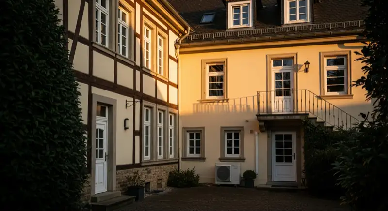 White air-source heat pump outdoor unit beside an older Bad Homburg house facade, tidy garden edge, professional real estate photo, no people visible