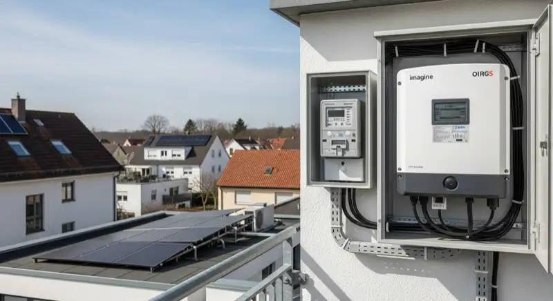 Modern German electrical meter cabinet (Zählerschrank) with smart meter and solar inverter connection, clean technical installation