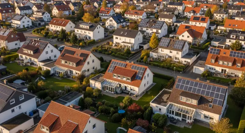 Aerial drone view of typical German residential neighborhood with mixed roof types, red and dark roof tiles, gardens visible, sunny day