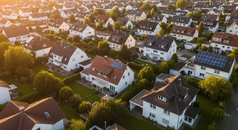 Aerial drone view of typical German residential neighborhood with mixed roof types, red and dark roof tiles, gardens visible, sunny day