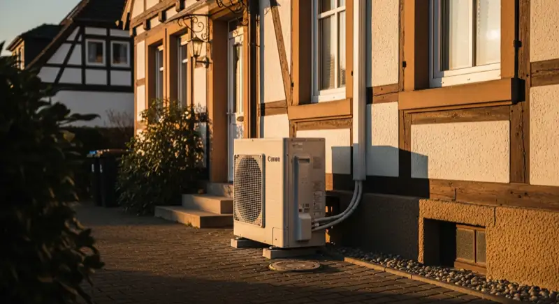 White air-source heat pump outdoor unit beside an older Bad Homburg residential facade, tidy paved area, no people visible