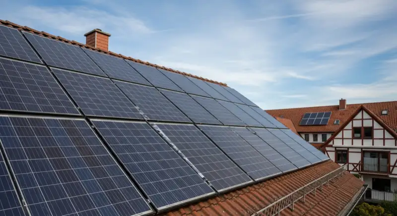 Close-up of photovoltaic solar panels installed on a traditional German Satteldach (gabled roof), blue sky with some clouds