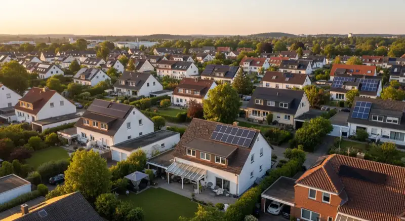 Aerial drone view of typical German residential neighborhood with mixed roof types, red and dark roof tiles, gardens visible, sunny day