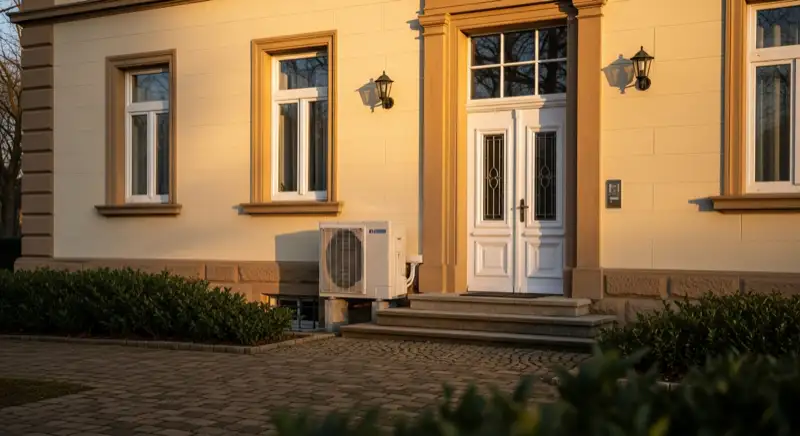 Gründerzeitfassade in Bad Honnef mit diskret platzierter Wärmepumpen-Außeneinheit