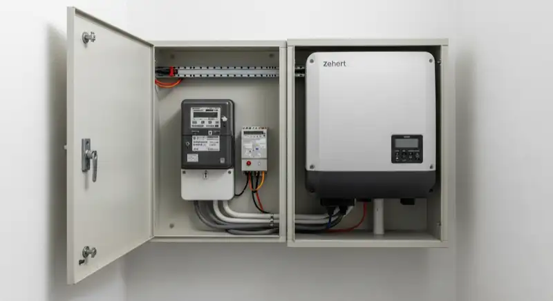 Modern German electrical meter cabinet (Zählerschrank) with smart meter and solar inverter connection, clean technical installation