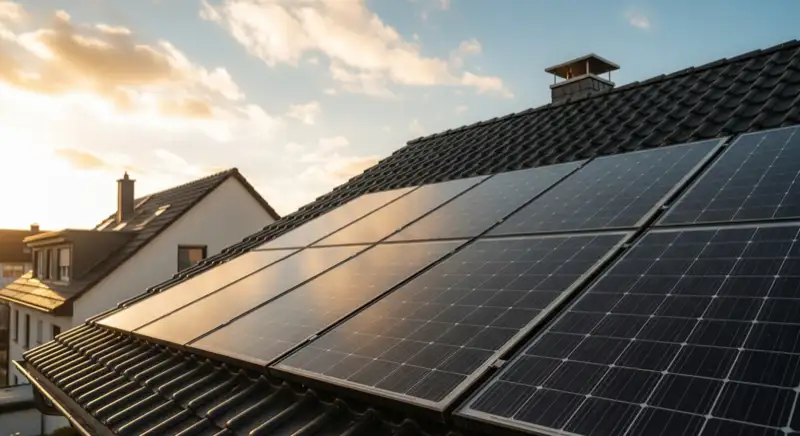 Close-up of photovoltaic solar panels installed on a traditional German Satteldach (gabled roof), blue sky with some clouds