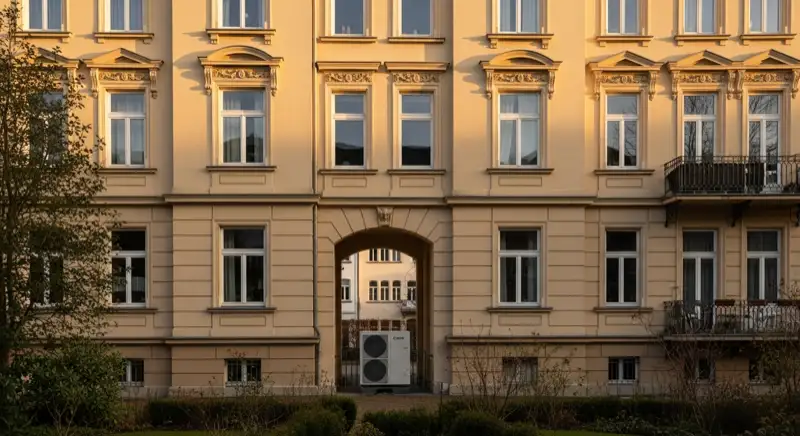 Gründerzeitfassade in Bad Honnef mit unauffällig geplanter Wärmepumpen-Außeneinheit im Hof