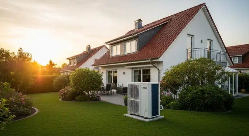 Luft-Wasser-Wärmepumpe im Garten eines Einfamilienhauses in Bad Honnef