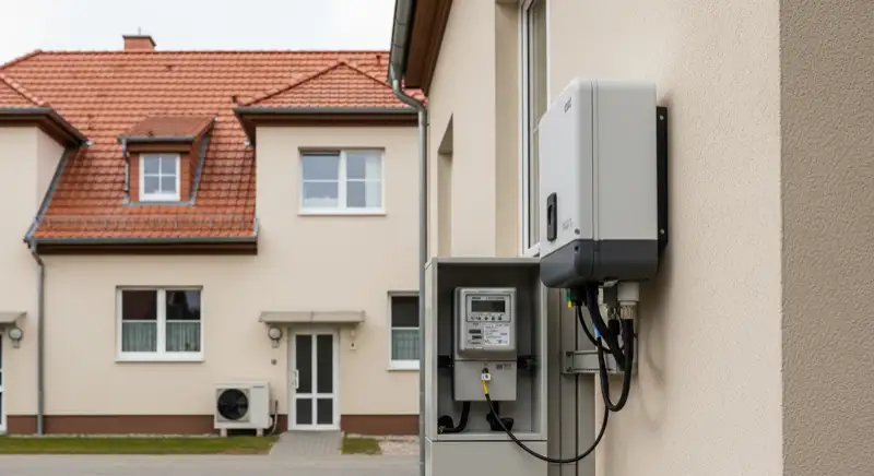 Modern German electrical meter cabinet (Zählerschrank) with smart meter and solar inverter connection, clean technical installation