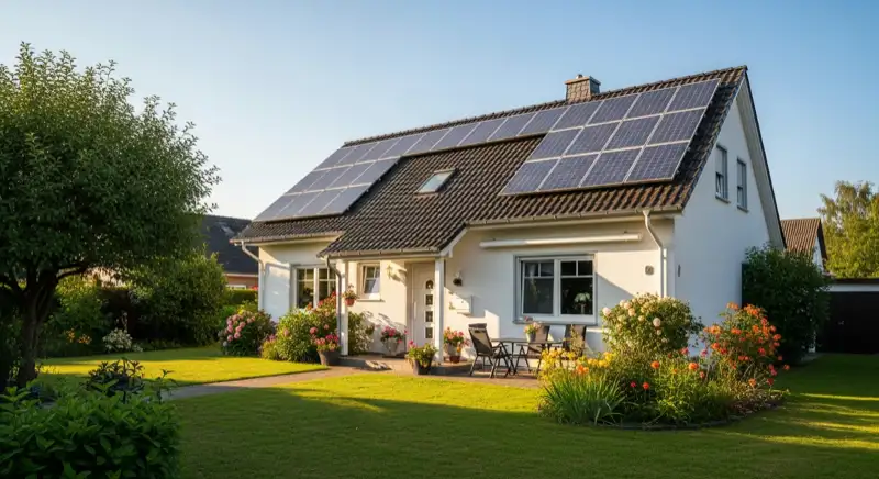 German detached house (Einfamilienhaus) with photovoltaic panels on pitched roof, well-maintained garden, warm afternoon sunlight