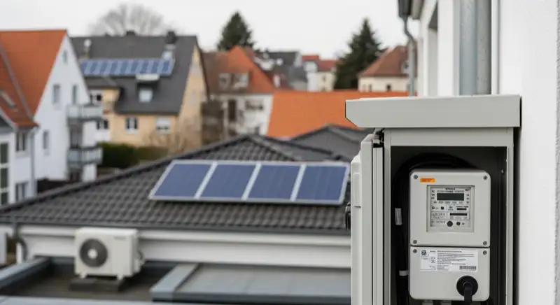 Modern German electrical meter cabinet (Zählerschrank) with smart meter and solar inverter connection, clean technical installation