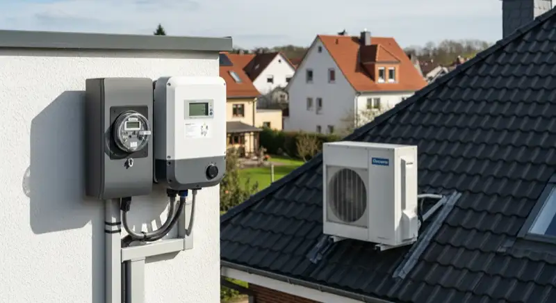Modern German electrical meter cabinet (Zählerschrank) with smart meter and solar inverter connection, clean technical installation