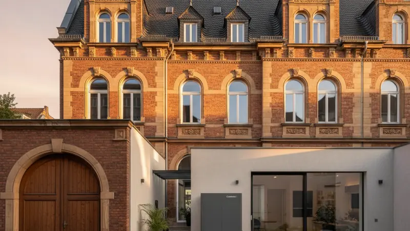 Beckumer Gründerzeit-Altbau mit moderner Wärmepumpe im Hinterhof