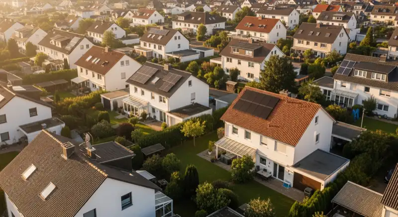 Aerial drone view of typical German residential neighborhood with mixed roof types, red and dark roof tiles, gardens visible, sunny day