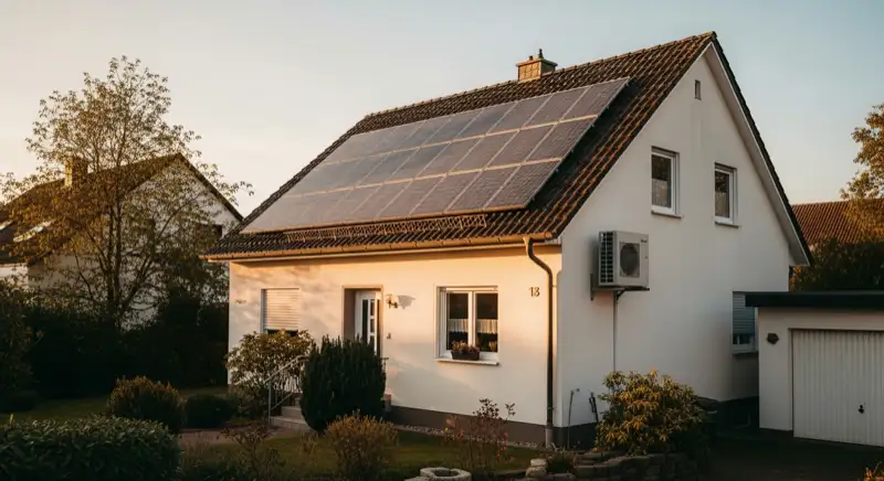 Hausdach mit Solaranlage und sichtbarer Wärmepumpen-Außeneinheit in Bensheim