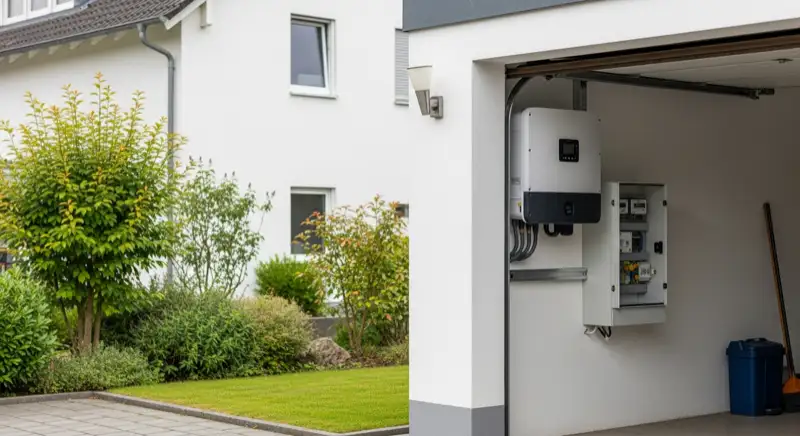 Modern solar inverter mounted on garage wall next to electrical panel, clean professional installation, natural daylight
