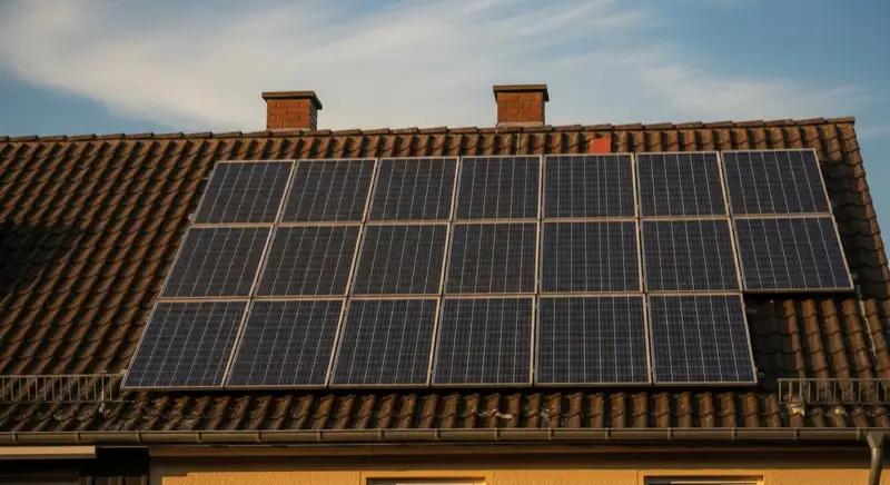 Close-up of photovoltaic solar panels installed on a traditional German Satteldach (gabled roof), blue sky with some clouds