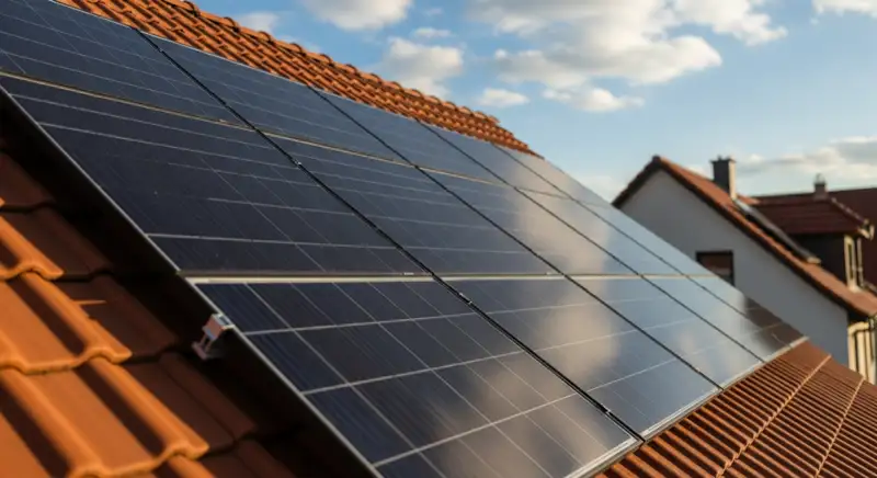 Close-up of photovoltaic solar panels installed on a traditional German Satteldach (gabled roof), blue sky with some clouds
