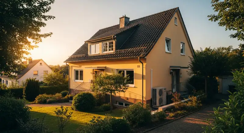 Einfamilienhaus in Bensheim-Auerbach mit sichtbarer Wärmepumpen-Außeneinheit