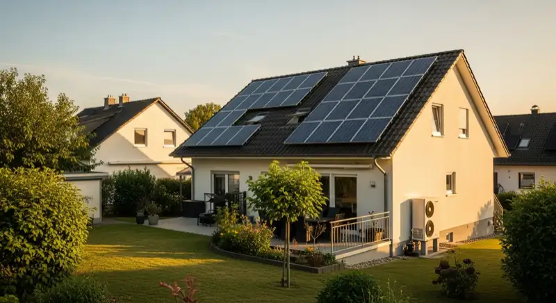 German detached house (Einfamilienhaus) with photovoltaic panels on pitched roof, well-maintained garden, warm afternoon sunlight