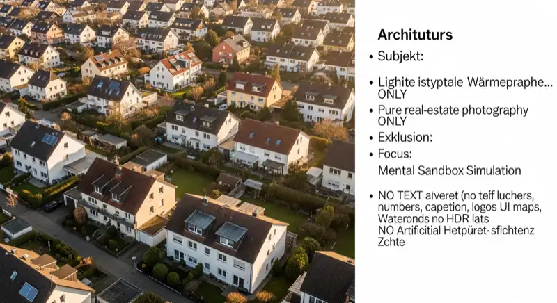 Aerial drone view of typical German residential neighborhood with mixed roof types, red and dark roof tiles, gardens visible, sunny day