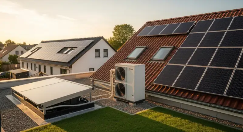 Moderne Luft-Wasser-Wärmepumpe im Garten eines Bergheimer Einfamilienhauses mit Außeneinheit und Rohrleitungen