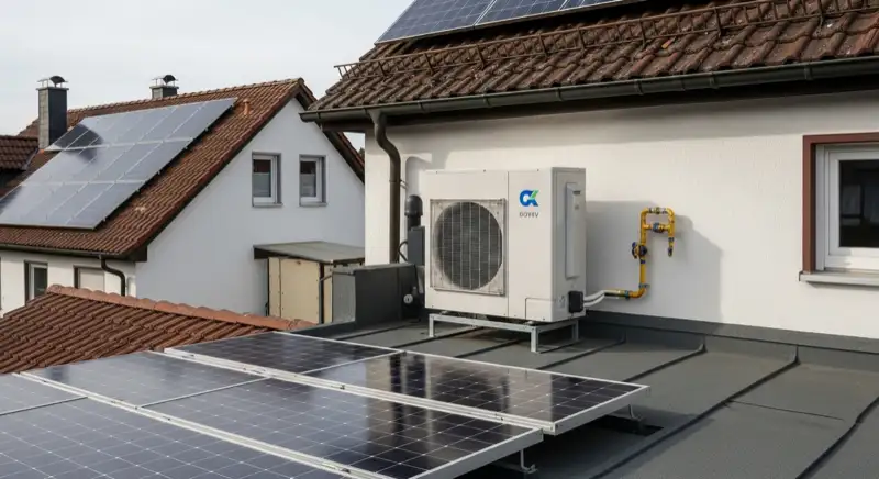 Wärmepumpen-Außeneinheit neben traditionellem Bergheimer Einfamilienhaus mit Gasanschluss für Hybrid-System