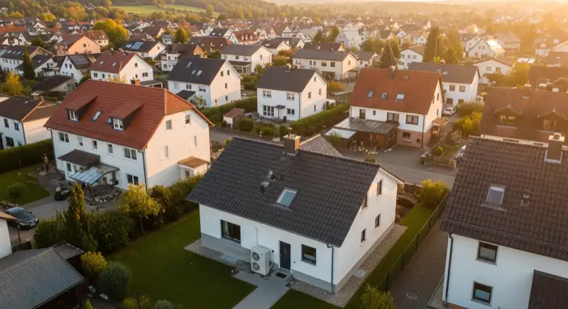 Aerial drone view of typical German residential neighborhood with mixed roof types, red and dark roof tiles, gardens visible, sunny day