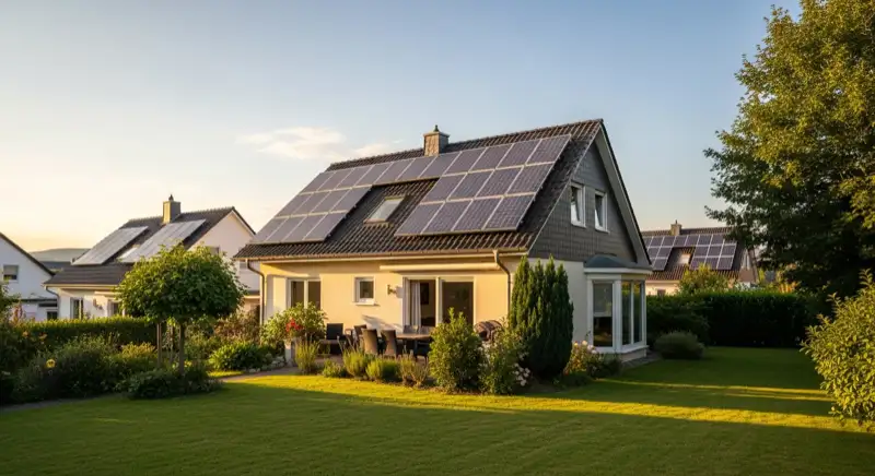 German detached house (Einfamilienhaus) with photovoltaic panels on pitched roof, well-maintained garden, warm afternoon sunlight
